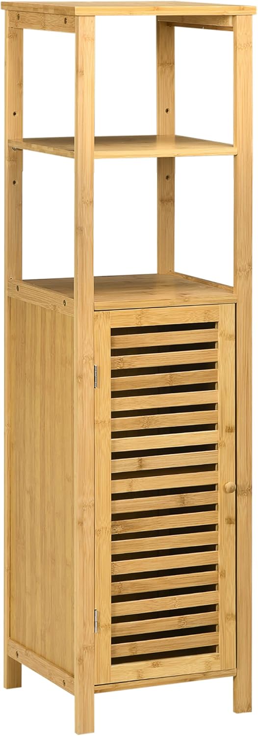 Bathroom Cabinet, Height Adjustable, Bamboo Bathroom Furniture with Cabinet, Two Open Shelves for Bathroom, Approx. 33 x 30 x 120 cm, Natural Wood