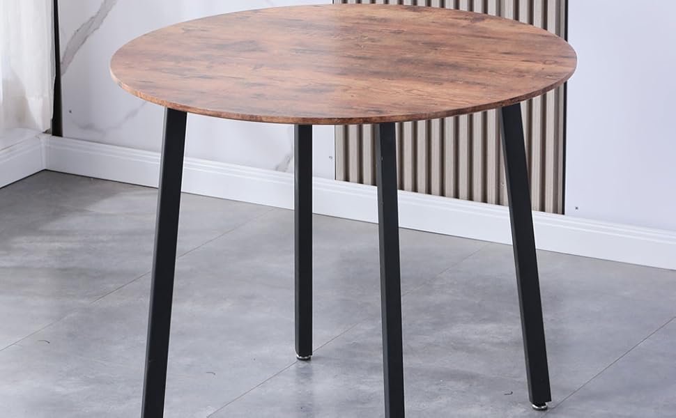 Round Dining Table Wood Pattern Table Round Kitchen Table Dining Room Table with Metal Legs for Offices Apartments Restaurants 90 x 90 x 75 cm (Wood)