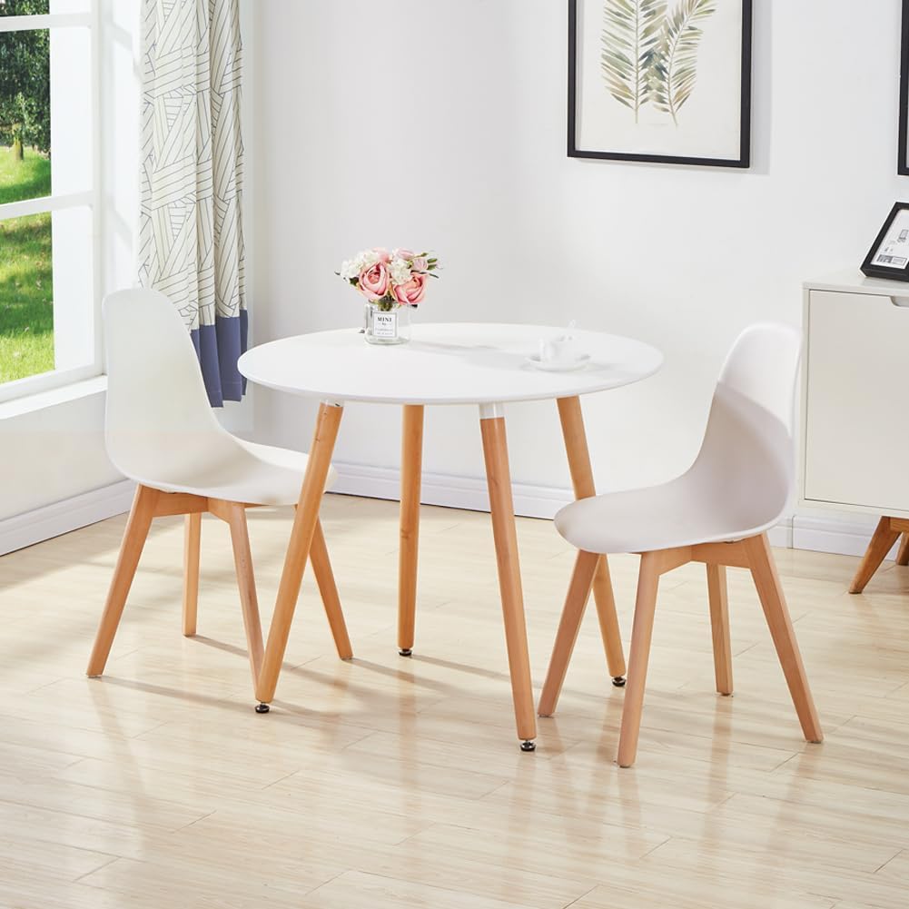 Round Dining Table Modern High Gloss Kitchen Table with Solid Wood Legs 80cm Small Office Table for Dining Room Living Room Cafe Indoor Furniture White AWS-041-3W