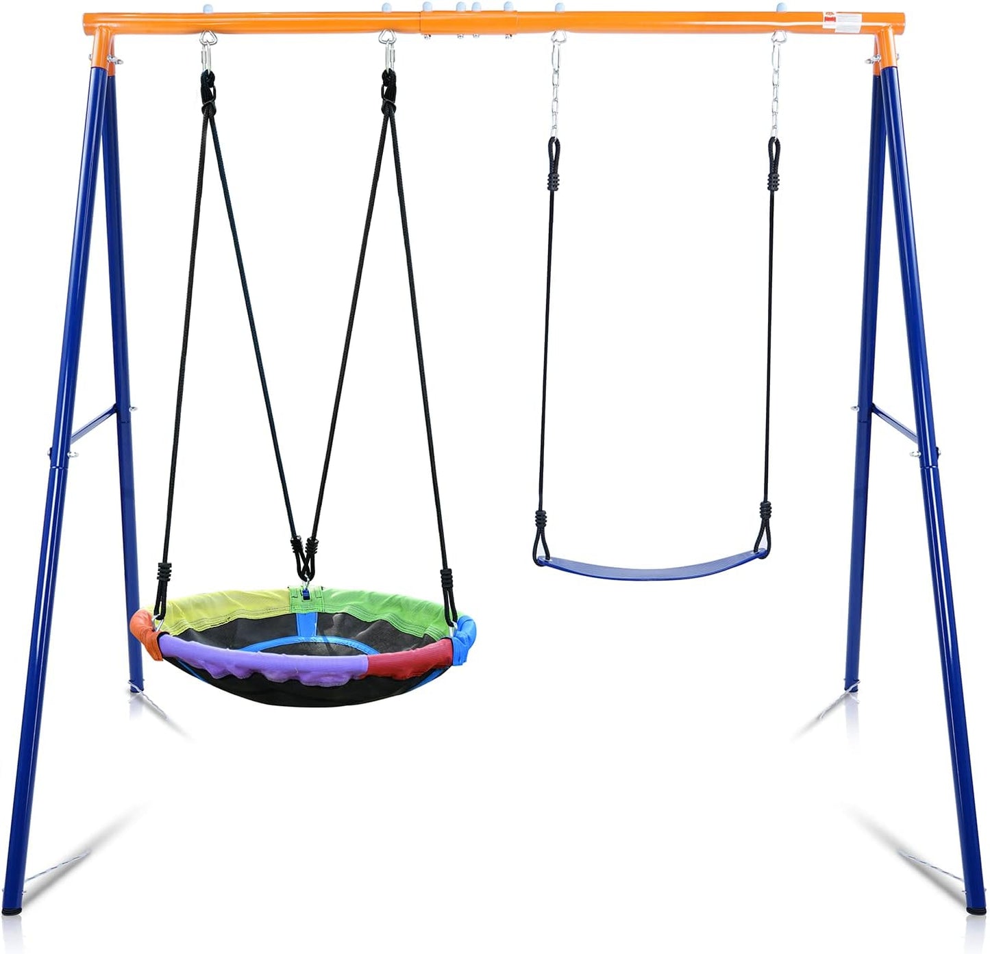 Swing Set for Backyard, 440lbs Swing Set with Heavy-Duty A-Frame Metal Outdoor Swing Stand, 1 Saucer Swing Seat & 1 Belt Swings Seat