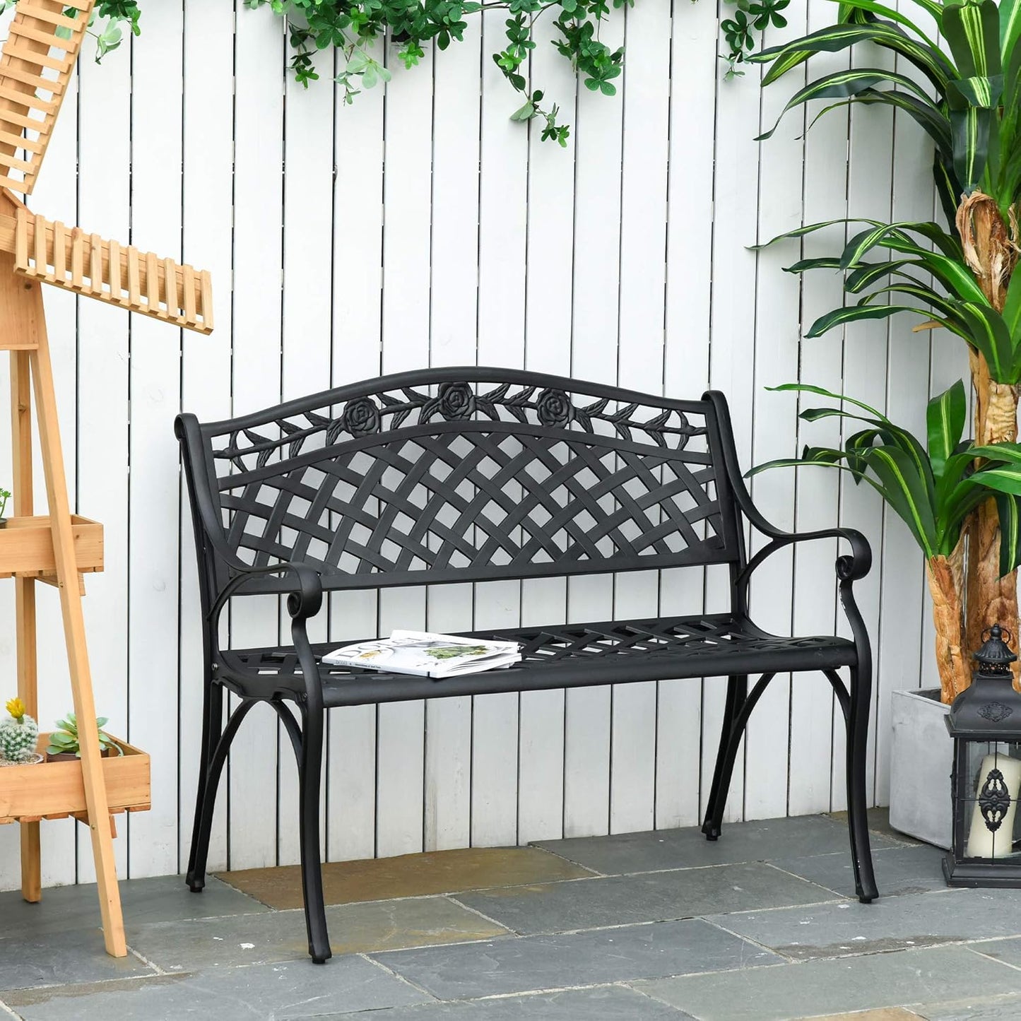 2-Seater Aluminium Garden Bench Metal Bench with Armrests Country House Style Black 102.5 x 61 x 84 cm