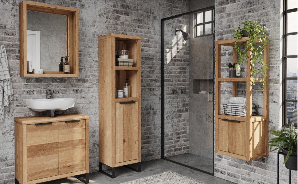 Woodkings Sydney Vanity Unit I Narrow Bathroom Cabinet W x H x D: 56 x 60 x 25 cm I Bathroom Furniture Made of Solid Wood Wild Oak I Small Vanity Unit for Bathroom or Guest Toilet