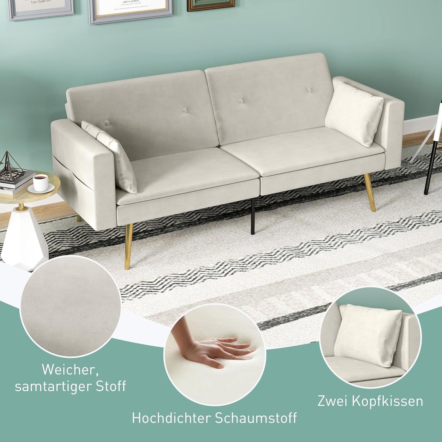 Sofa Bed, Sofa Bed with Adjustable Backrest, Side Pocket, Padded 2-Seater Sofa with Sleep Function, Cushion, for Living Room, Bedroom, Beige