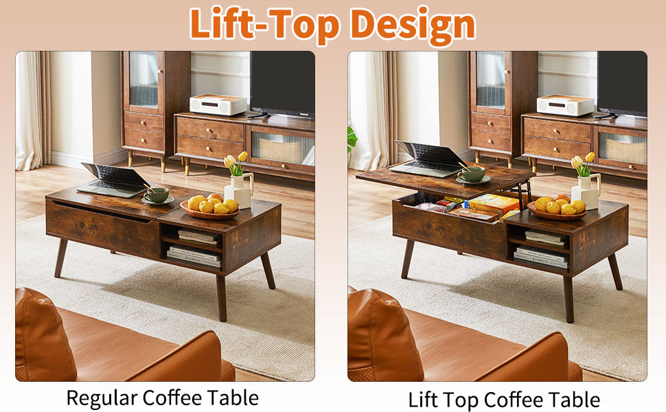 Coffee Table, Coffee Table, Height Adjustable, Top Coffee Table, Extendable Living Room Table, Separate Hidden Storage Compartment, for Living Room, Office, Vintage Brown WCT001H