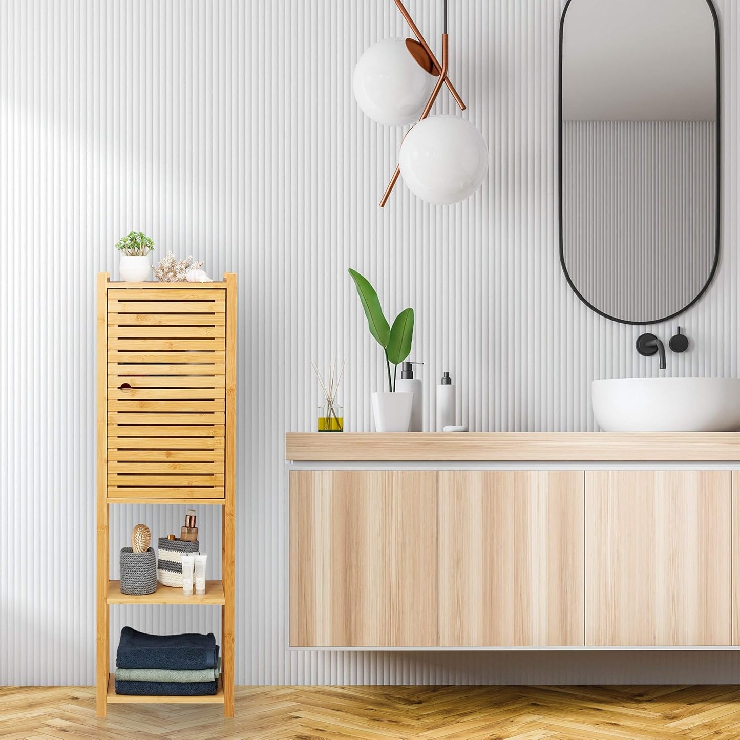 Relaxdays Bamboo Bathroom Shelf, 5 Shelves with Door, Free Standing, Bathroom & Kitchen, Narrow Bathroom Furniture, H x W x D: 113 x 35 x 29 cm, natural, 1 piece.