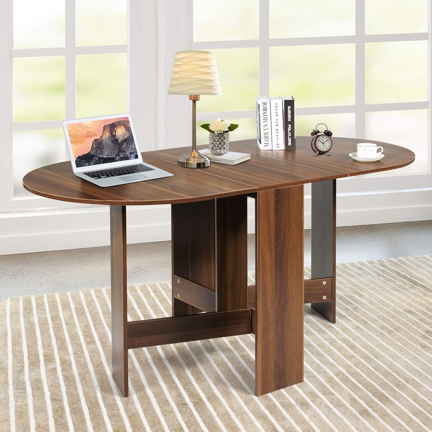 Dining Table with 3 Shapes, Folding Console Table, Wooden Side Table, Folding Table with Rounded Corners, Multifunctional, Round, Modern, for Dining Room, Living Room, Kitchen, Brown