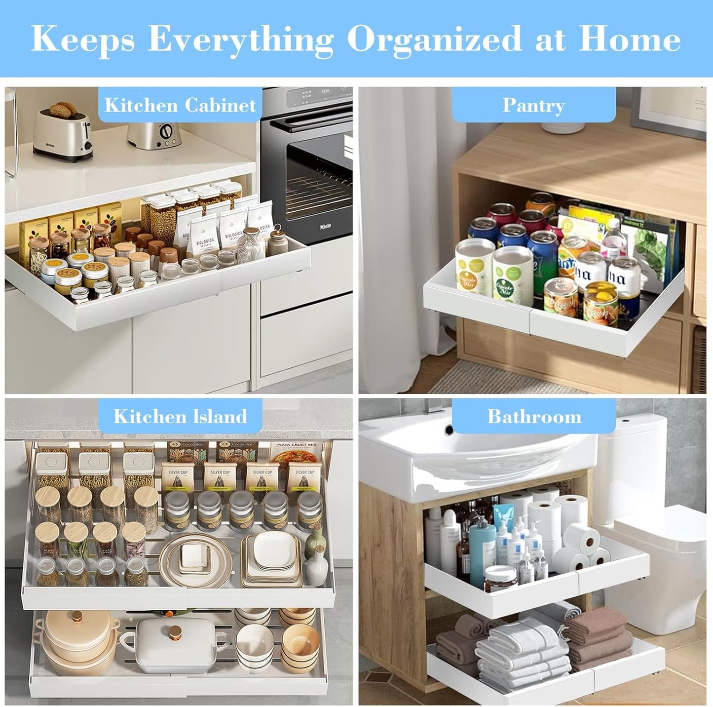 Expandable Pull Out Cabinet Organizer | Three Noiseless Damping Rails | Simply Peel-and-Stick Installation | Pull Out Drawers for All Cabinets, Adjustable Width 12.4"-20.47 White