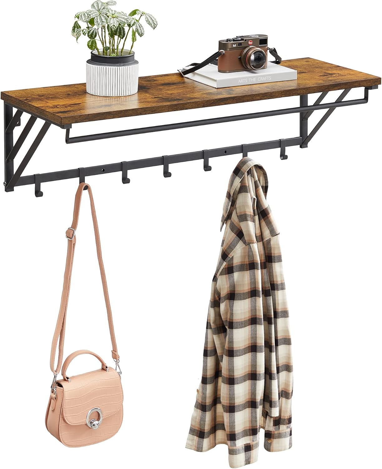 Coat Rack Hanging Rack with Shelf for Plants, Keys or Scarves, Coat Hook with 7 Hooks and Rod for Hangers, Industrial, Brown/Black