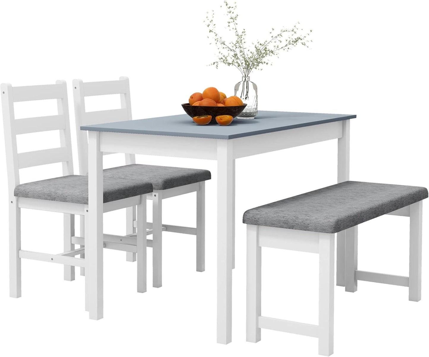 Dining Set with 2 Upholstered Chairs, Bench, 4-Piece Dining Table Set, Linen Look Dining Set for Kitchen, Living Room, Pine Wood, Grey, White