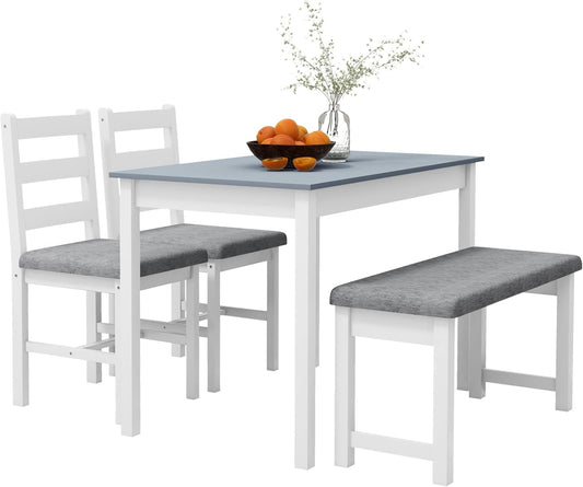 Dining Set with 2 Upholstered Chairs, Bench, 4-Piece Dining Table Set, Linen Look Dining Set for Kitchen, Living Room, Pine Wood, Grey, White