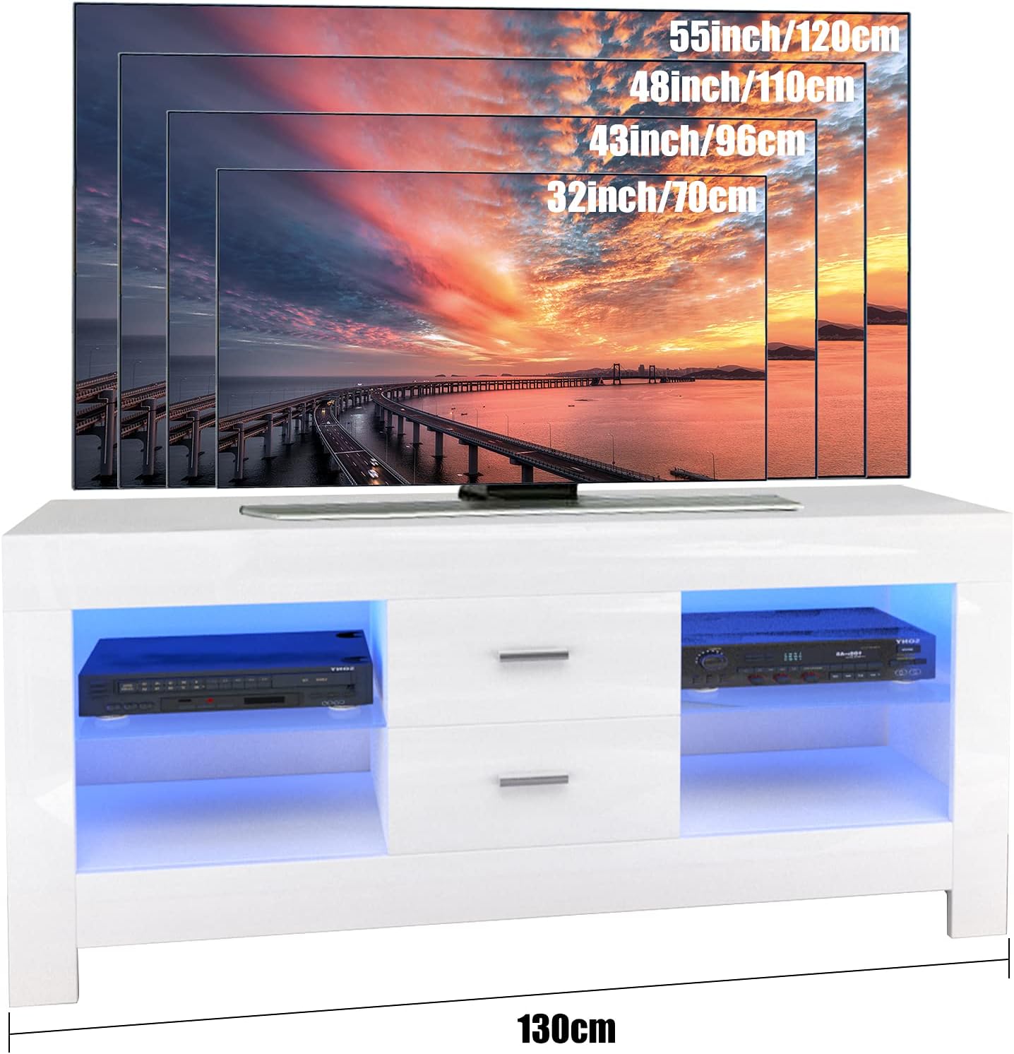 TV Lowboard, TV Sideboard with LED Lighting & Drawers, High Gloss TV Storage Unit, 130 x 50 x 35 cm, White