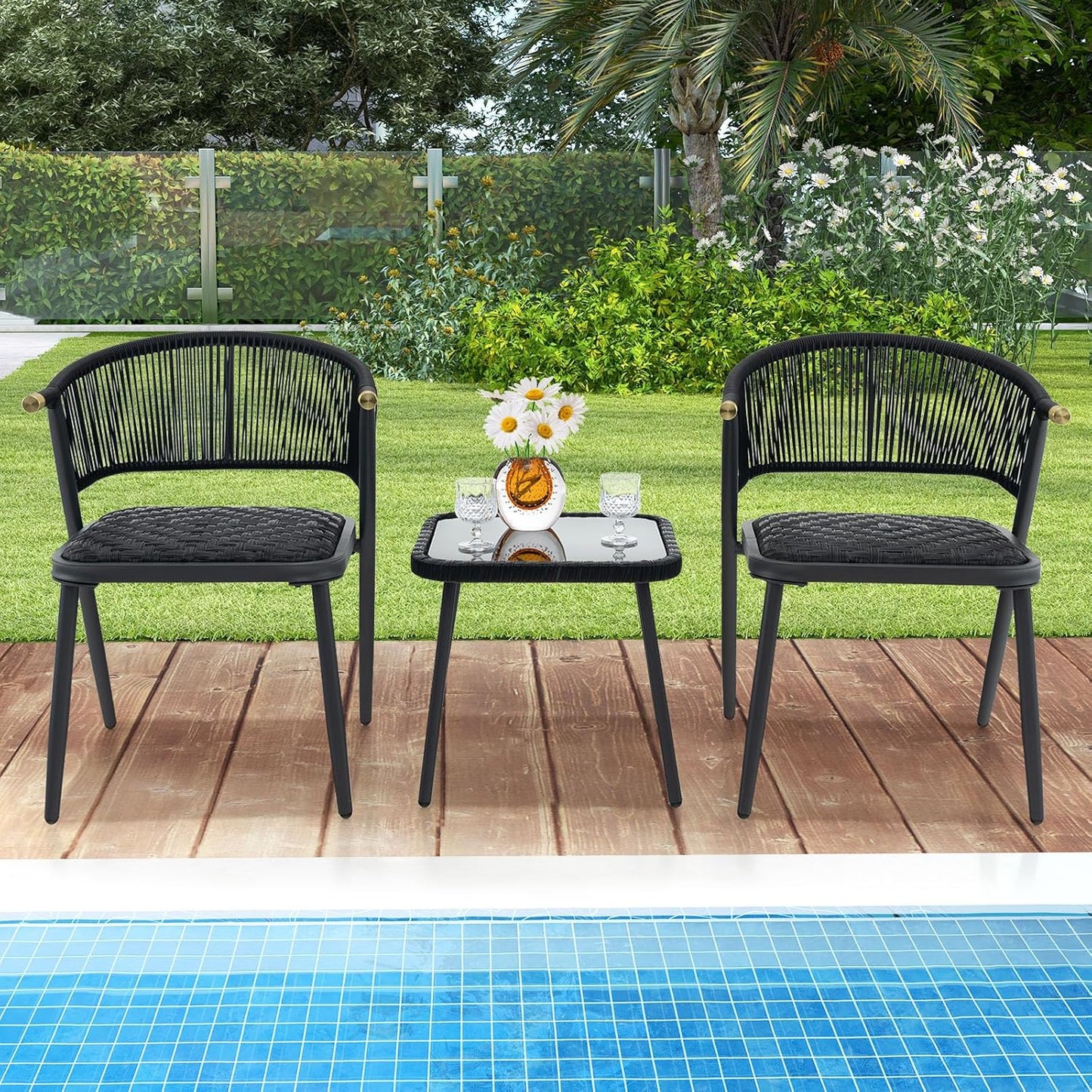 Rattan Garden Furniture Set, Balcony Set with 2 Chairs and Table, Balcony Furniture with Quick-Drying Foam Padding, Rattan Furniture for Small Balcony, Patio Furniture, Garden Furniture