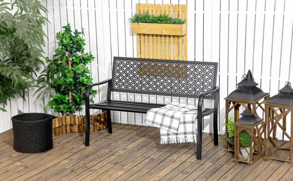 Steel Garden Bench, 2 Seater Park Bench with Backrest & Armrest, Floral Bench for Garden, Balcony, Max. 240 kg, Black, 127 x 63 x 83 cm