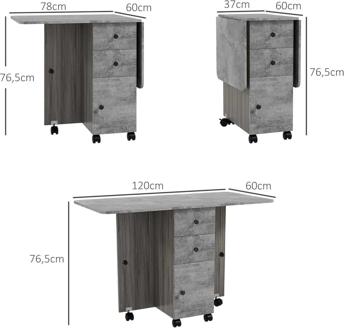 Folding Kitchen Table, Dining Table, 2 Folding Trays with 2 Drawers, 1 Cabinet and 1 Storage Shelf, 120 x 60 x 76.5 cm, Grey