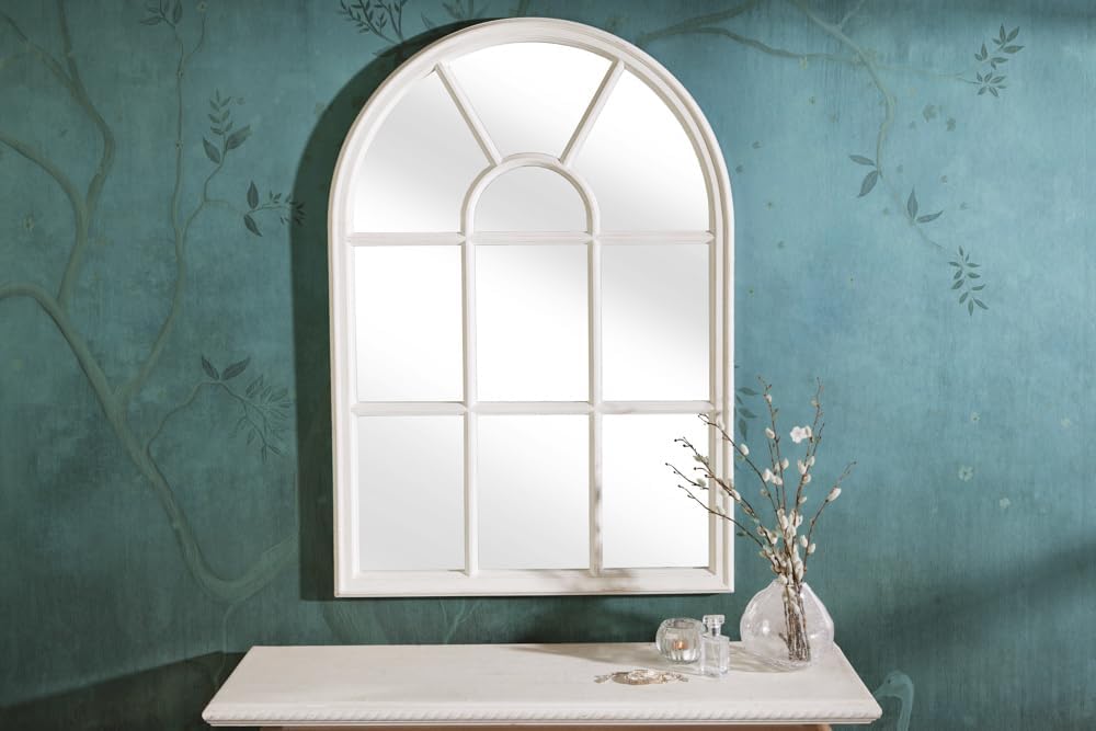 Ambiente Castillo Design Wall Mirror 100 cm White Cream Country House Style Window Mirror Round Arch Shabby Chic