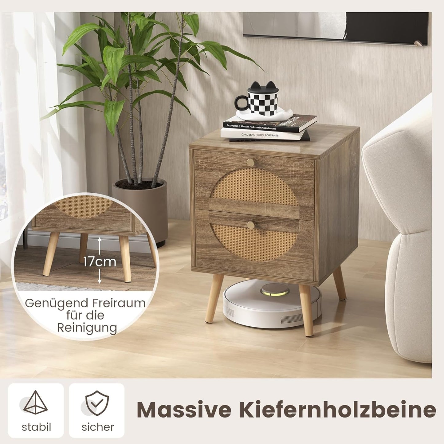 Nachttisch 2er Set, Nachtschrank mit 2 Rattan-Schublade, Nachtkonsole Holz, 40 x 40 x 56 cm, Beistelltisch für Wohnzimmer Schlafzimmer