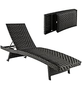 Folding Garden Lounger Polyrattan Recliner Sun Lounger with 2 Wheels, Deck Chair with 5-Way Adjustable Backrest, Weatherproof Rattan Lounger for Garden, Balcony and Patio, up to 150 kg