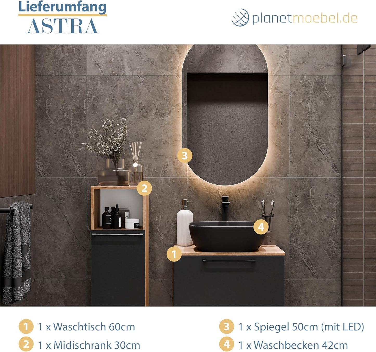 Astra Bathroom Furniture Set with Wash Basin 60 cm with 1 x Midi Cabinet Gold Oak Anthracite, Countertop Sink 42 cm Black, Mirror (with LED) 50 cm