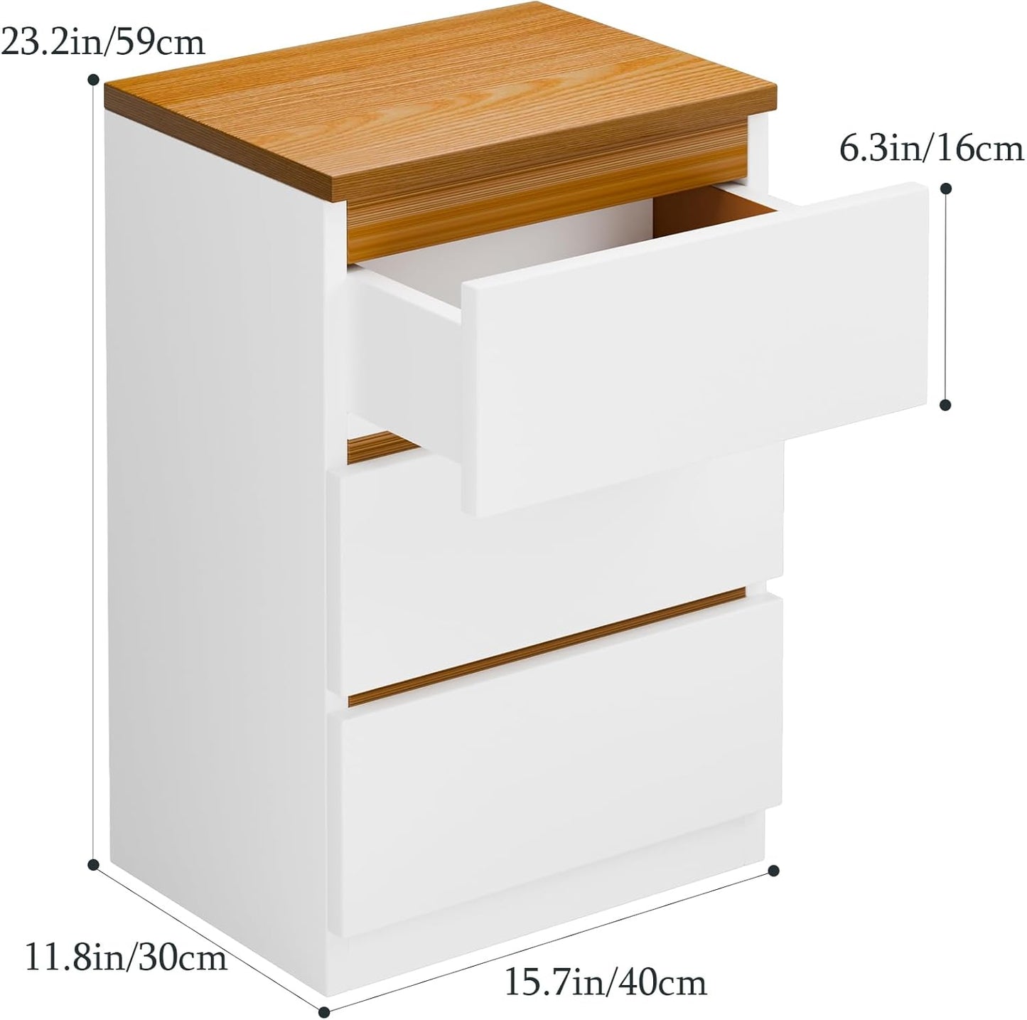 Nachttisch mit Stoffschublade, Nachttisch, Schlafzimmer Nachttisch, Rustikaler Beistelltisch mit 3 Schubladen und Ablage, Couch Beistelltisch, Couchtisch Holz Nachttisch für Wohnzimmer Wh