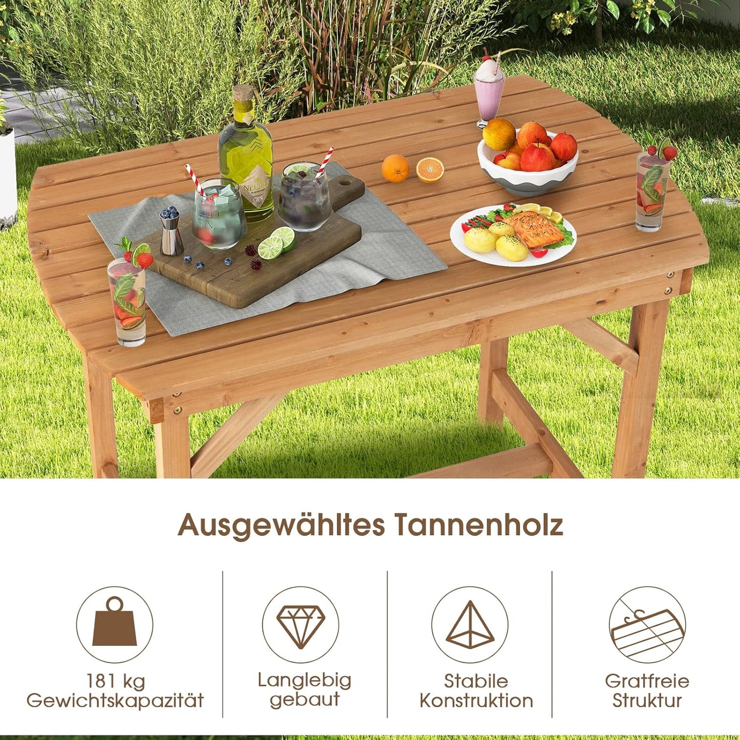 Solid Wood Garden Table, Dining Table with Umbrella Hole, Patio Table, Wooden Table for Backyard, Garden, 100 x 60 x 75 cm