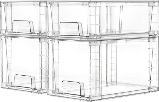 Vtopmart 4 Pack Clear Stackable Storage Drawers,Easy to Assemble Bathroom Organizers and Storage with handles,Plastic Drawers for Kitchen Pantry,Cabinet,Under Sink Organization