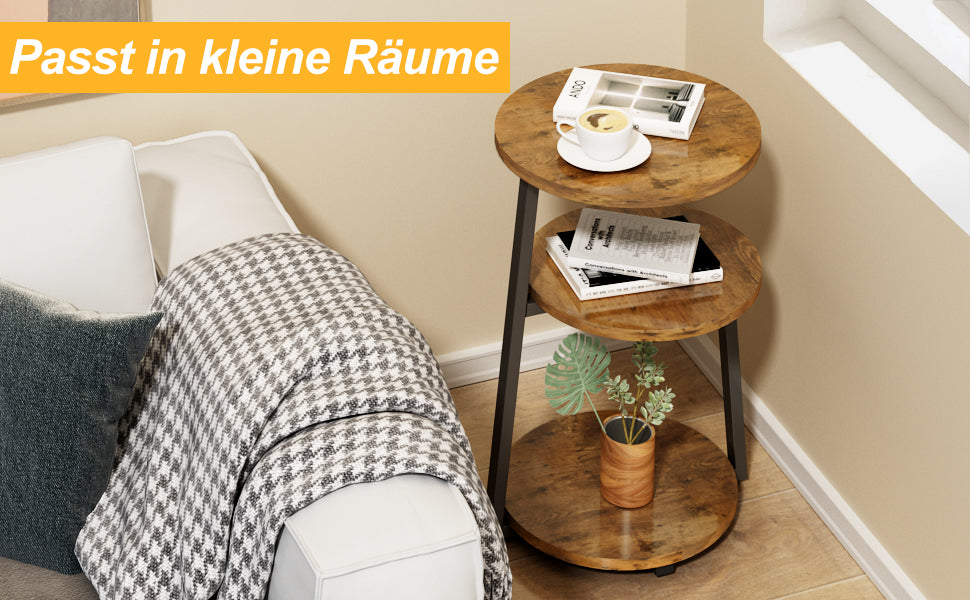 Round Side Table, 3-Tier Shelves, Wooden Side Table with Metal Frame, Small Table, Living Room for Living Room, Bedroom