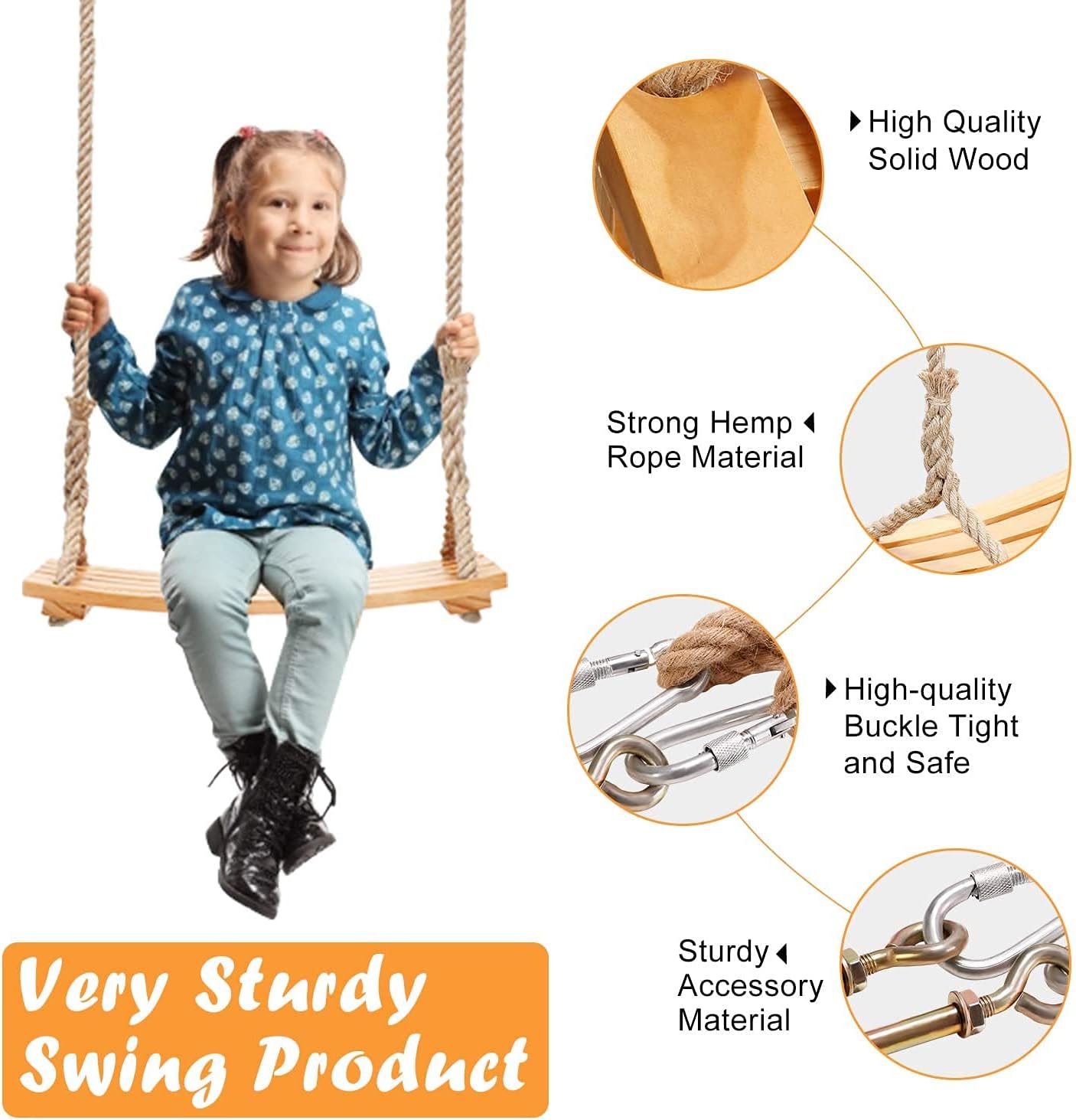 Wooden Swing Seat for Adults Children, Outdoor Wooden Swing with Adjustable Hemp Rope for Indoor and Outdoor Use, Extra Wide Seat, Tree Swing, 19 x 9.8 Inches, Load Capacity: 200 kg