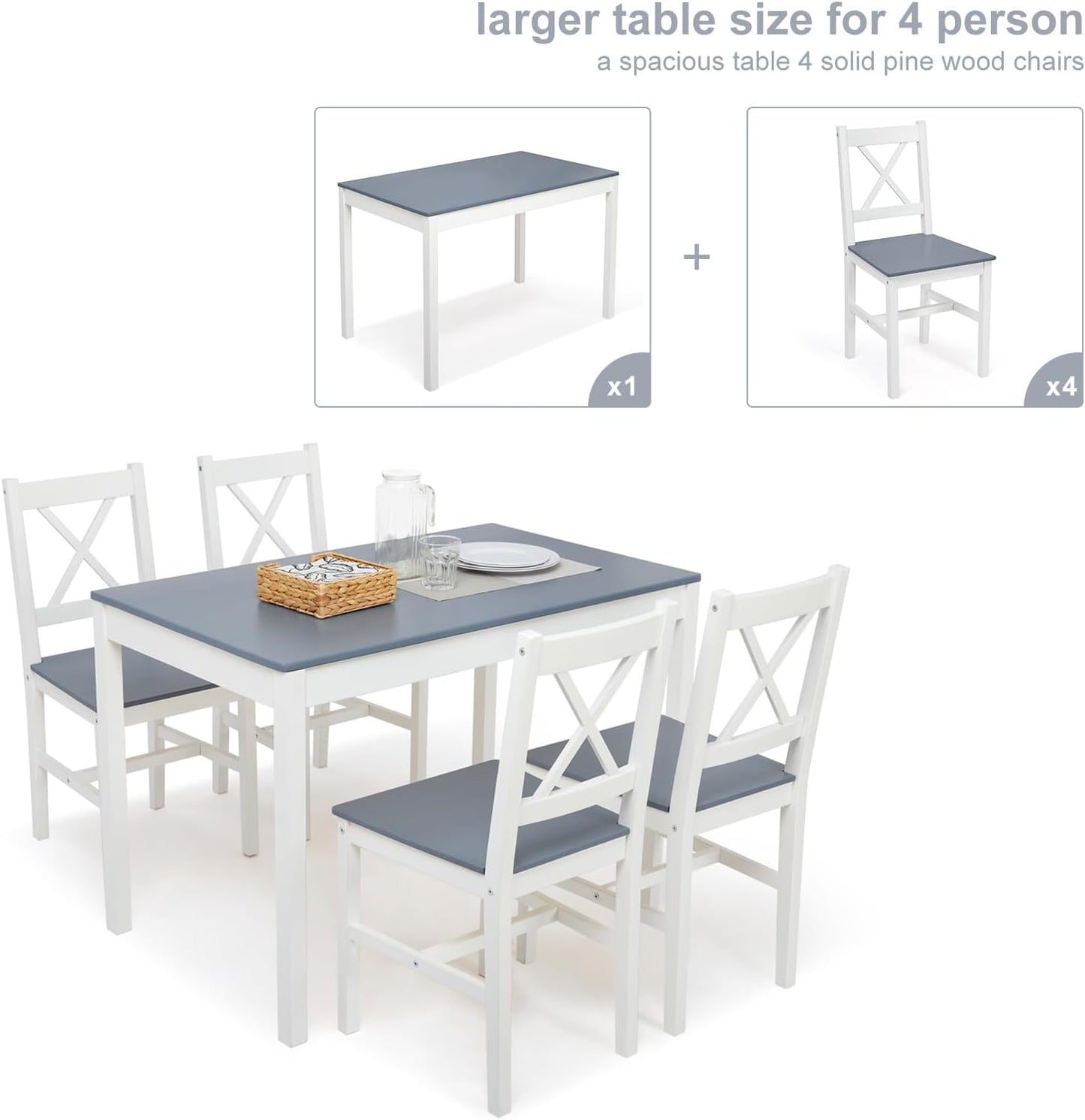 Esstisch mit 4 Stühlen, Essgruppe Esszimmergarnitur Massiv Holztisch Klassischer Stil für Esszimmer küche, 108 x 65 x 73 cm, Blau