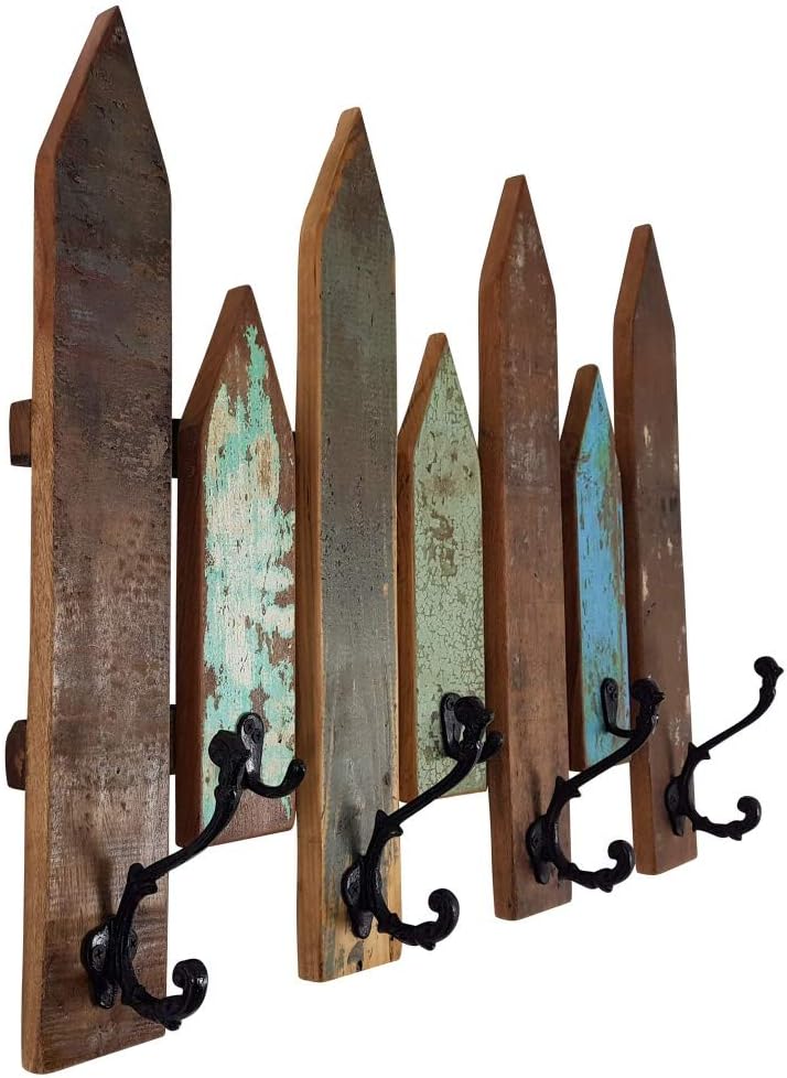 Vintage Wooden Wall Coat Rack, Wall Panel for the Hallway, 7 Hooks, Recycled Shabby Chic Look, W x D x H: 69 x 11 x 52 cm