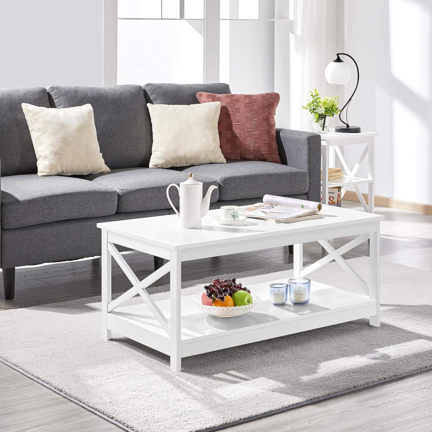 Coffee Table with 2 Shelves Sofa Table X-Shape Support Living Room Table Made of Wood Easy Assembly Modern Side Table for Living Room / Balcony / Office 100 x 50 x 45 cm White