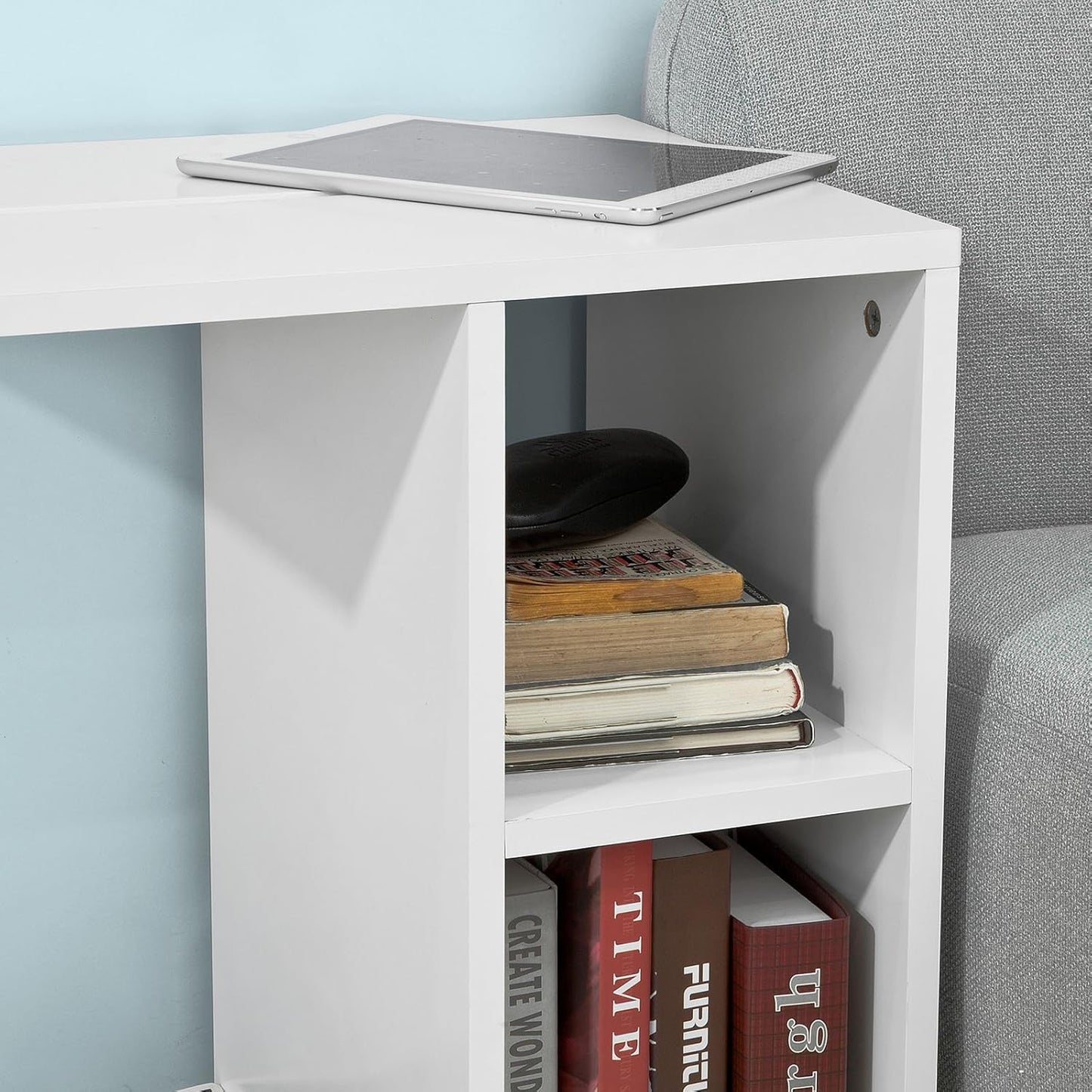 Side Table with Slot for iPad, Newspaper Stand, Coffee Table with Wheels, White, Width Approx. 45 x 58 x 35 cm