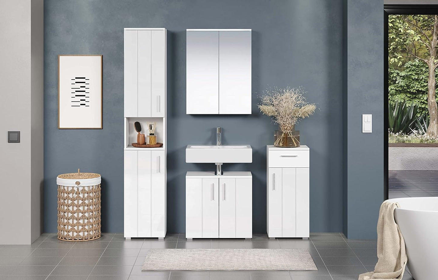 trendteam smart living - Wons - Chest of Drawers - White High Gloss - Timeless Bathroom Cabinet - (W x H x D) 37 x 83 x 31 cm - Bathroom Chest of Drawers with Vertical Milled Door - with