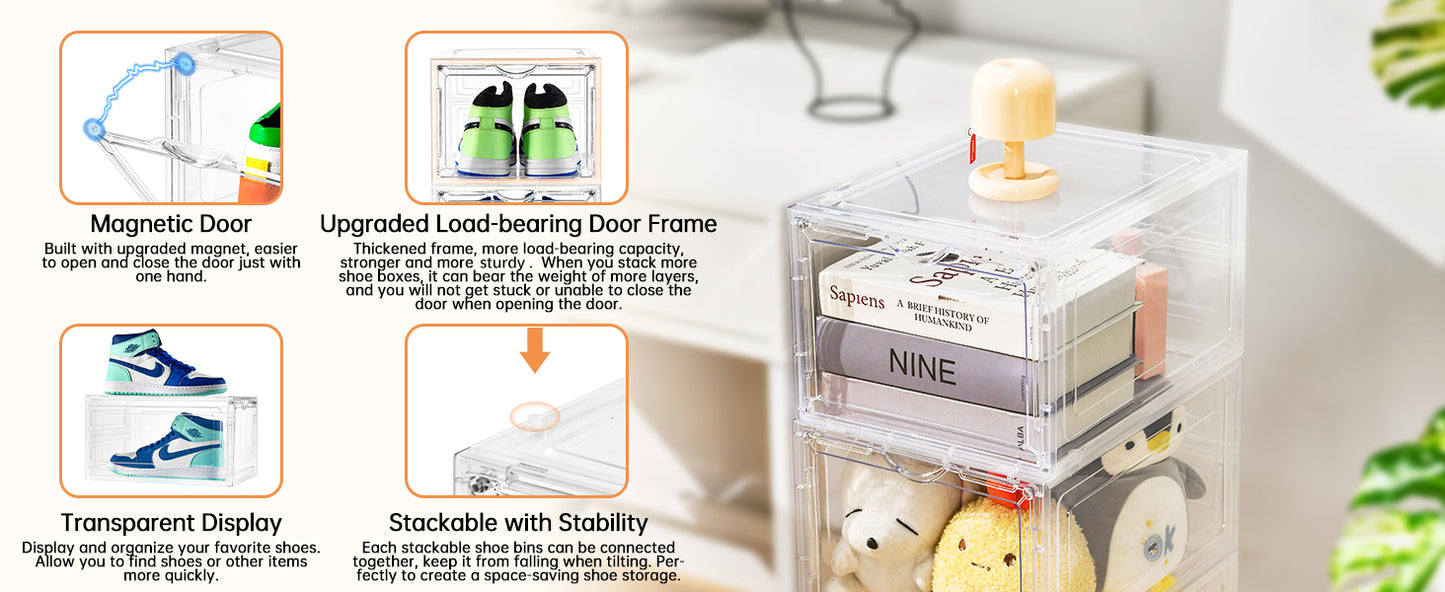 Clemate Upgraded X-Large Shoe Storage Box,8 Pack,Shoe Box Clear Plastic Stackable,Drop Front Shoe Box with Clear Door,Shoe Organizer and Shoe Containers For Sneaker Display,Fit up to US Size12