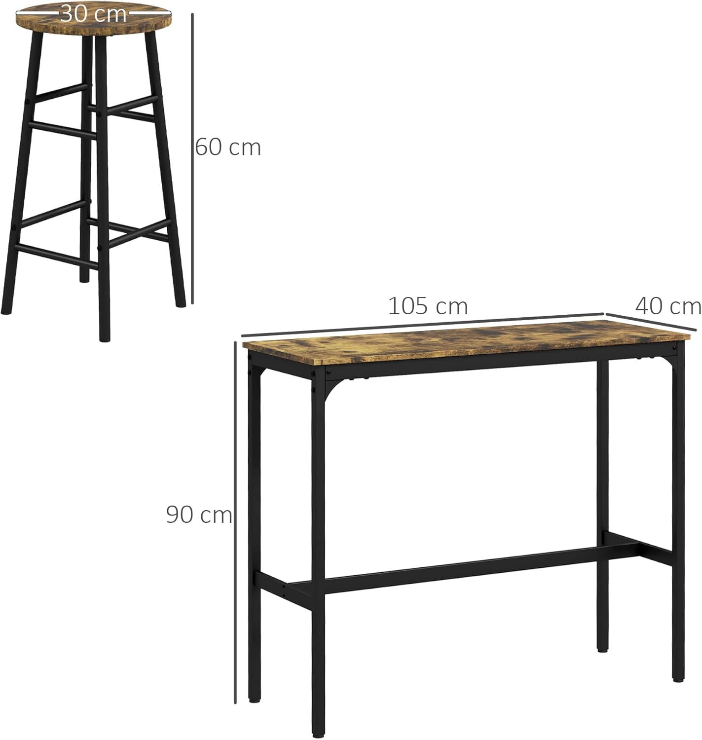 Bar Table Set, 3-Piece Dining Set, Kitchen Table with 2 Bar Stools in Industrial Design, Bar Table with Bar Stool Set, for Kitchen, Dining Room, Steel, Rustic Brown