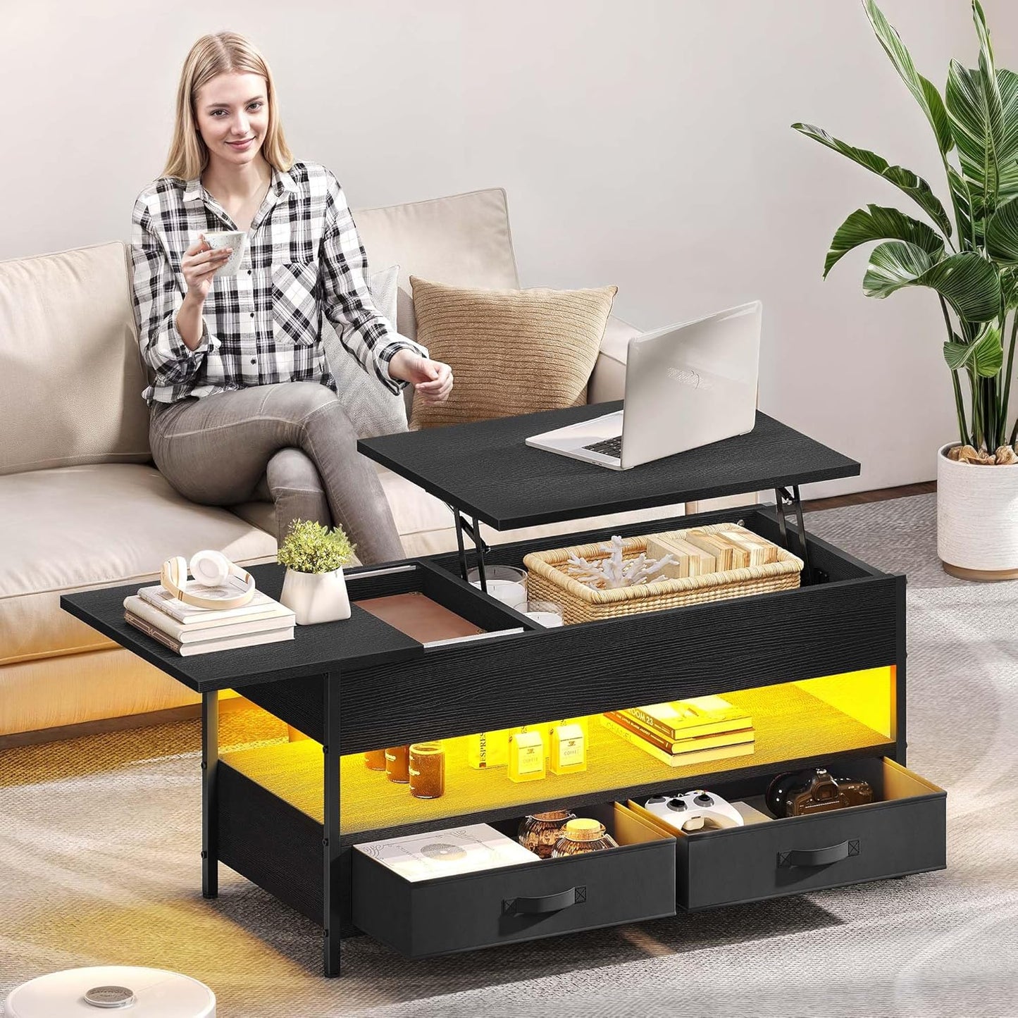 Coffee Table Height Adjustable, Living Room Table with Hidden Storage Compartment for Living Room, Office, Coffee Table with Storage Space and 2 Drawers and LED Light Bar, 106 x 50 x 51.5 cm