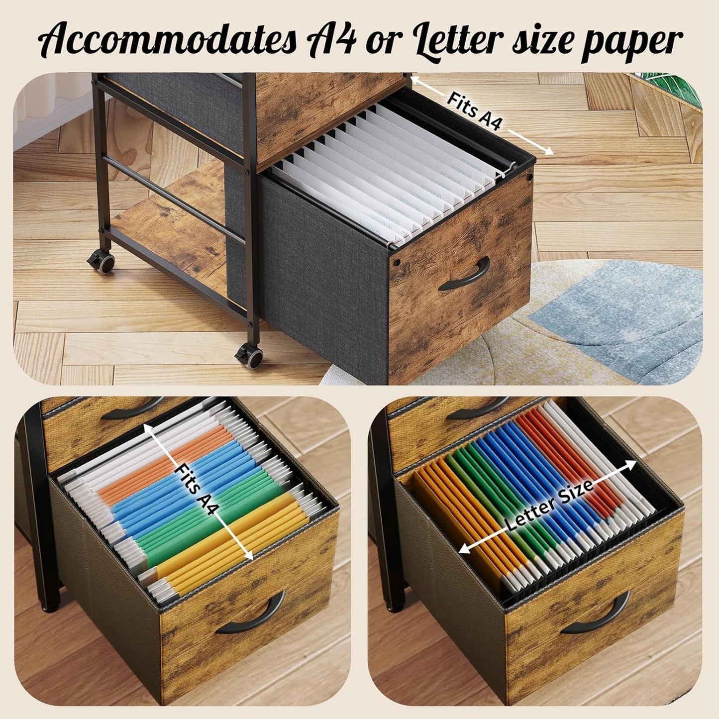 3 Drawer Mobile File Cabinet,Rustic Brown File Cabinets for Home Office, Rolling Printer Stand with Storage, Filing Cabinet 2 Drawer fits A4 or Letter Size for Home Office