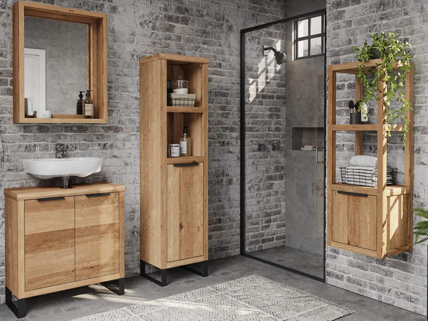 Woodkings Sydney Vanity Unit I Narrow Bathroom Cabinet W x H x D: 56 x 60 x 25 cm I Bathroom Furniture Made of Solid Wood Wild Oak I Small Vanity Unit for Bathroom or Guest Toilet