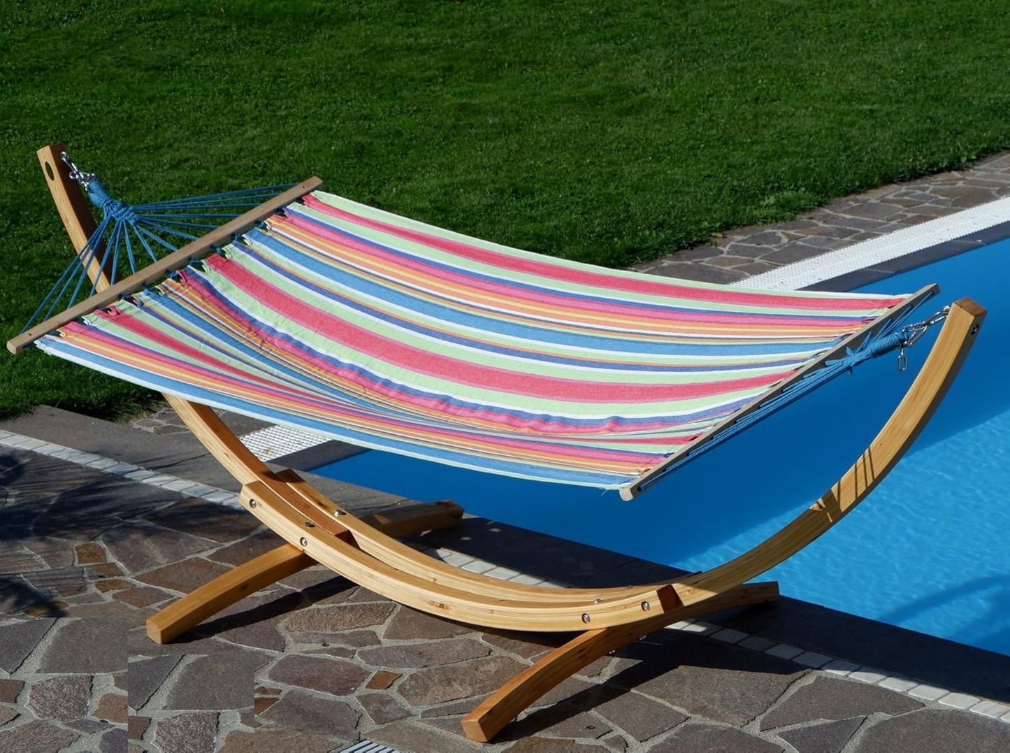 Blanca-Caleta Hammock Frame 320 cm with Natural Larch Wood Frame with Striped Bar Hammock