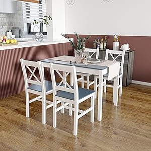 Esstisch mit 4 Stühlen, Essgruppe Esszimmergarnitur Massiv Holztisch Klassischer Stil für Esszimmer küche, 108 x 65 x 73 cm, Blau