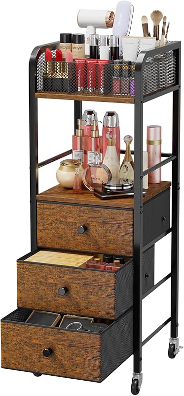 HapiRm Rolling Makeup Cart Organizer - Floor Skincare Make Up Storage with 3 Drawers, Vanity Organizer Cosmetic Display Cases Holder for Skin Care Perfume Nail Polish Brush Hair Tool