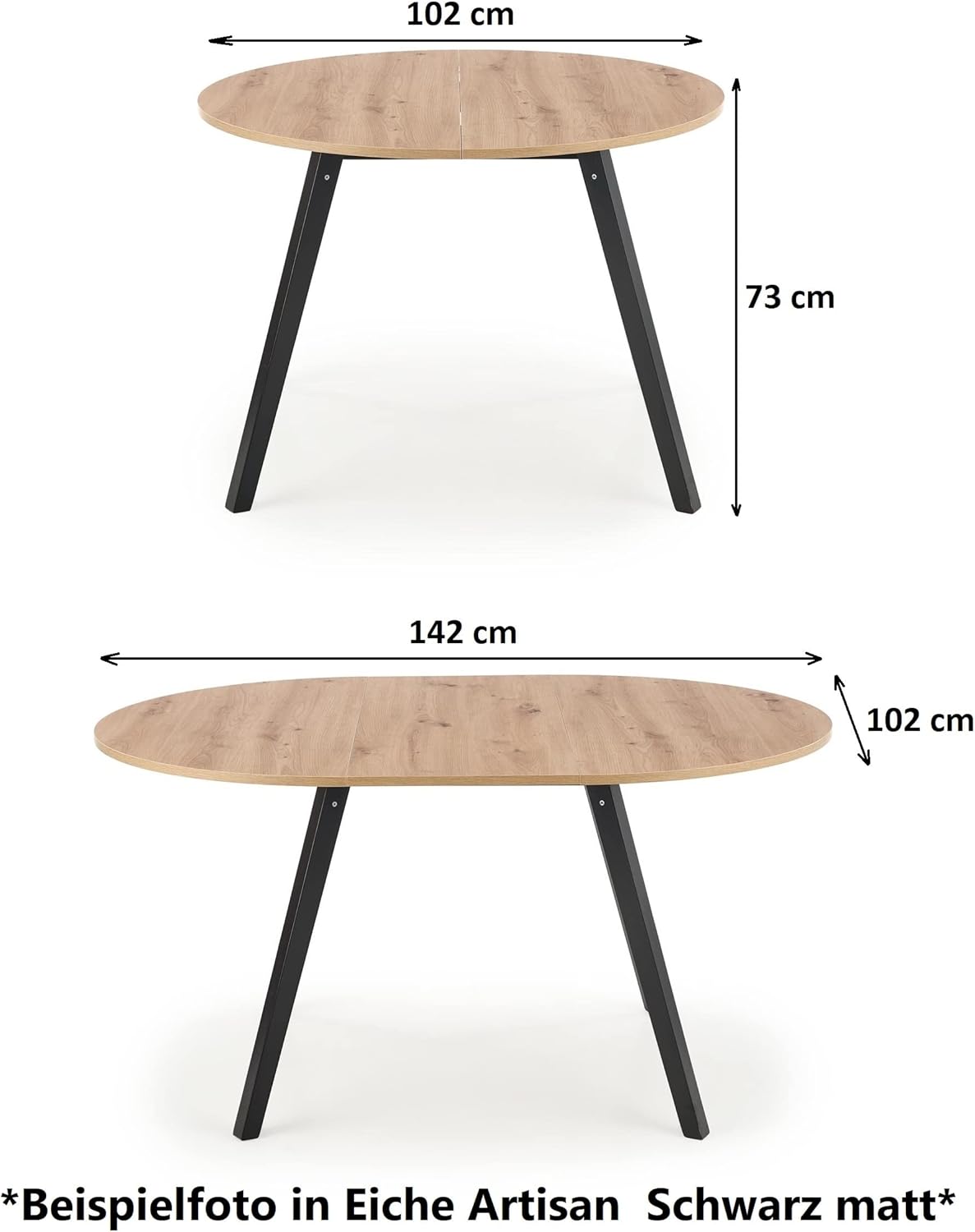 Dining Table Matte White Honey Oak Honey Round Extendible 102 to 142 cm