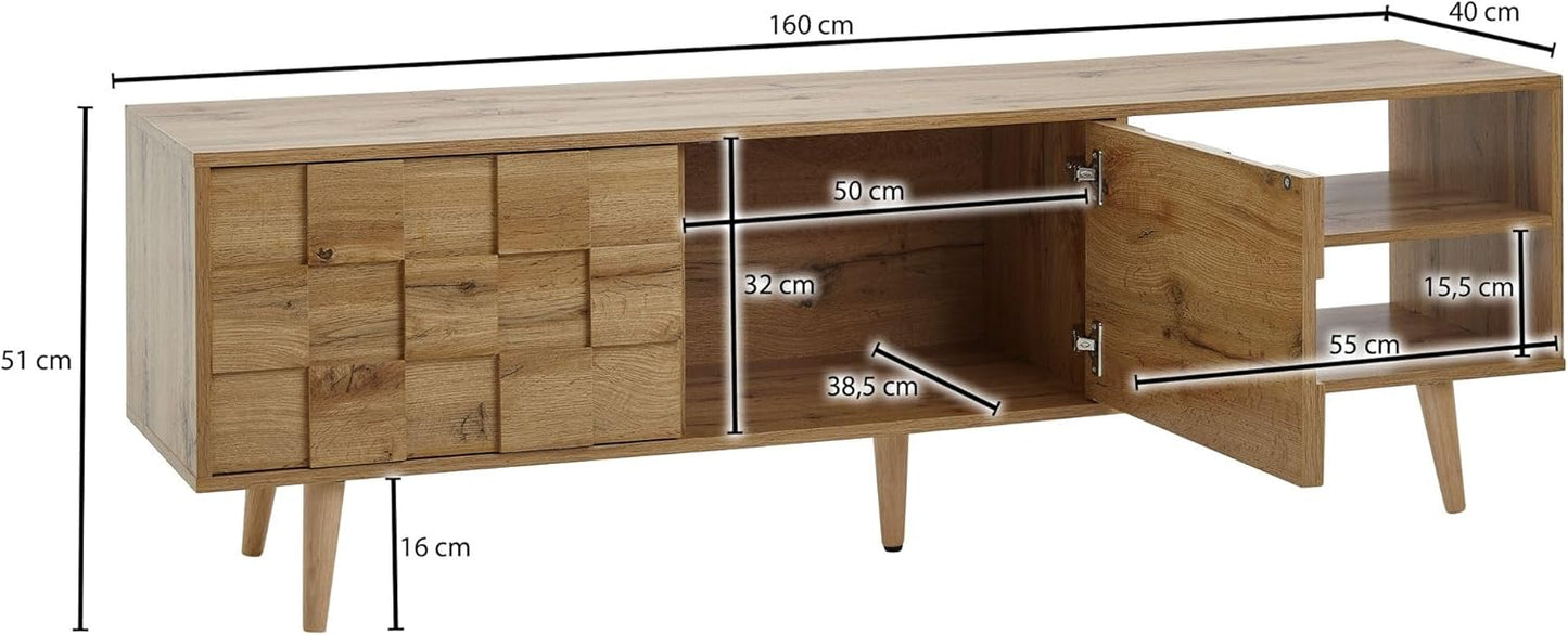 Wohnling Lowboard Wooden Oak Decor 160 x 51 x 40 cm TV Chest of Drawers with Two Doors Design TV Cabinet Tall TV Cabinet Modern TV Chest of Drawers Living Room