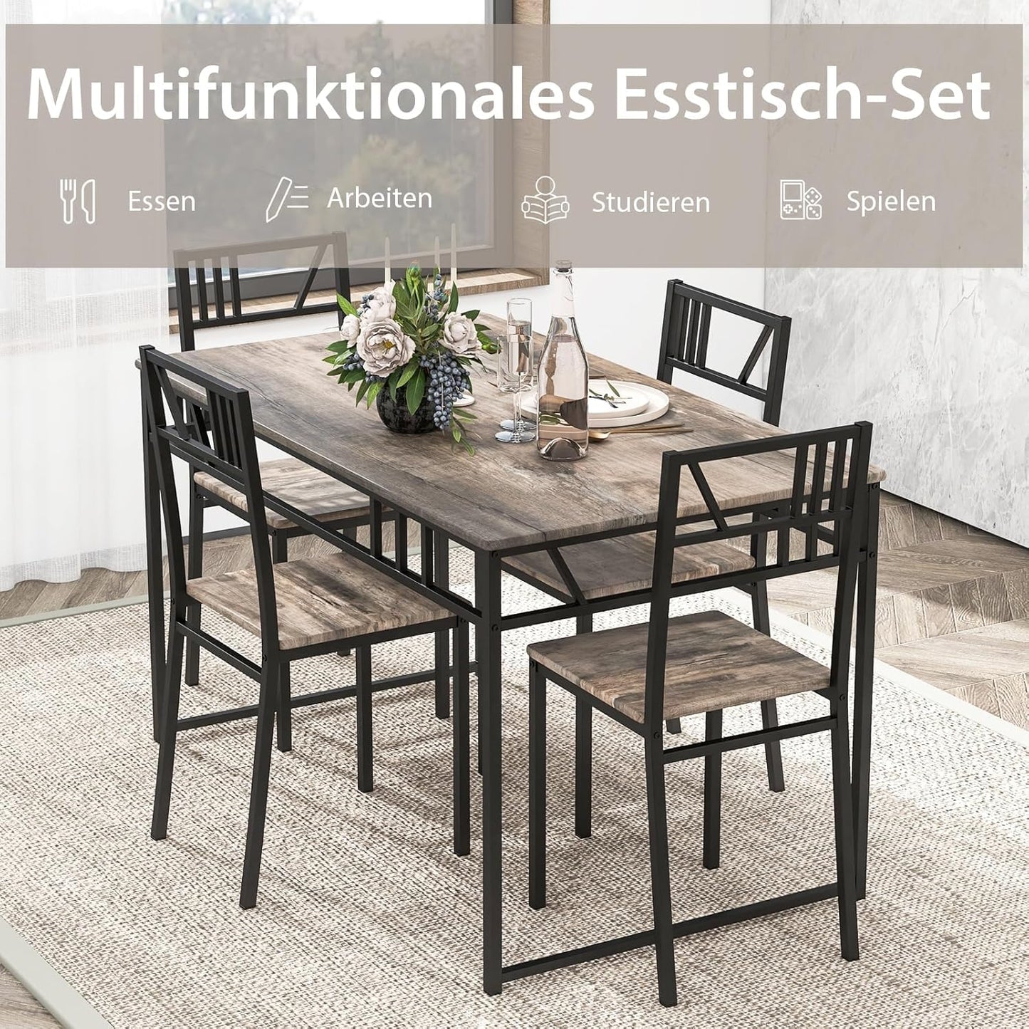 5 Piece Dining Table Set, Kitchen Table with 4 Chairs, Dining Set for 4 People, Rectangular Industrial Style Dining Room Table, Dining Set for Dining Room, Kitchen, Space Saving, Grey