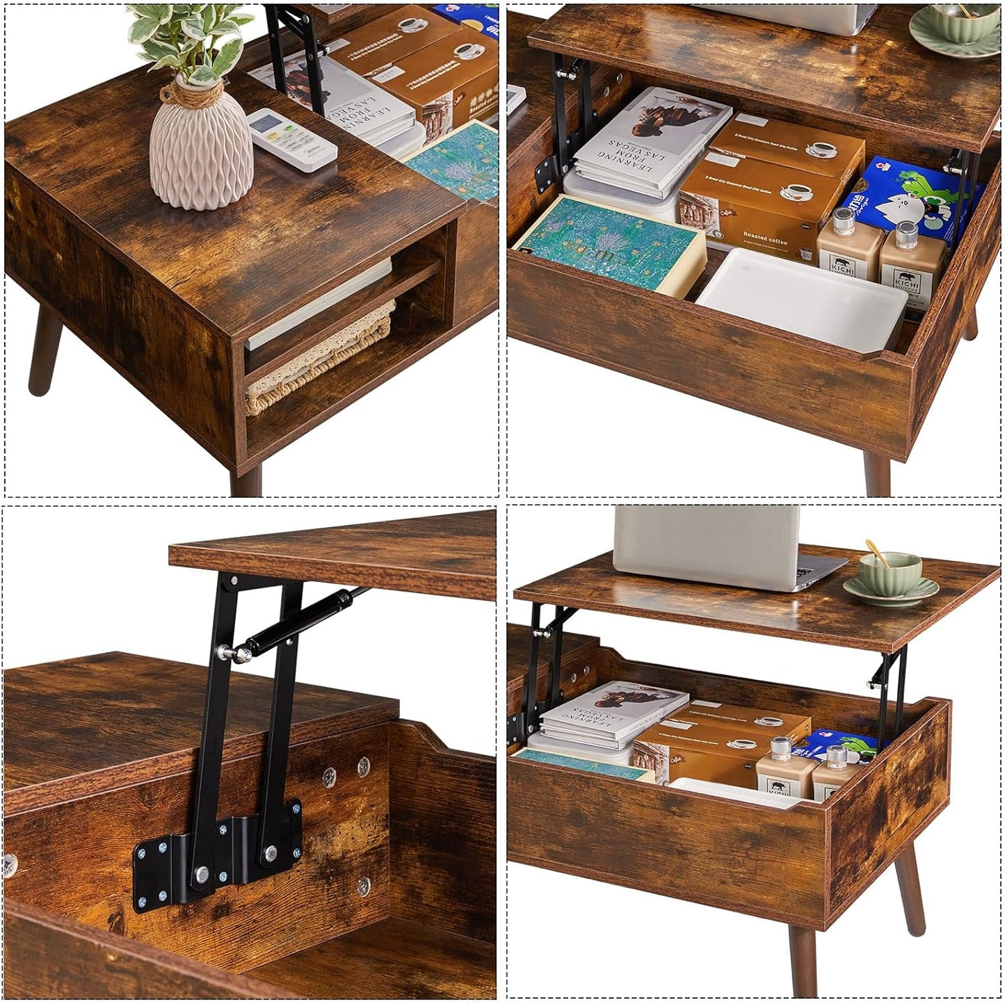 Coffee Table, Coffee Table, Height Adjustable, Top Coffee Table, Extendable Living Room Table, Separate Hidden Storage Compartment, for Living Room, Office, Vintage Brown WCT001H