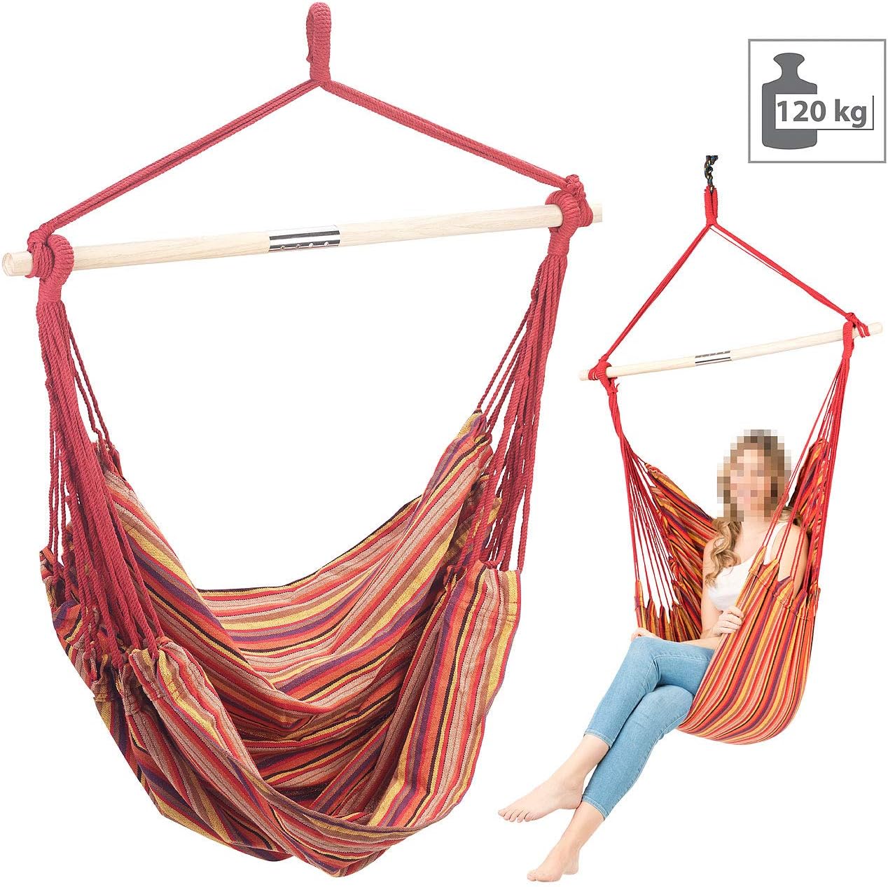 Urban Survival Technology Children's Hanging Chairs: Pack of 2 Hanging Chairs with Cross Brace, Maximum Load 120 kg, 100 x 130 cm (Hanging Chair, Hanging Chair Frame, Hammocks)