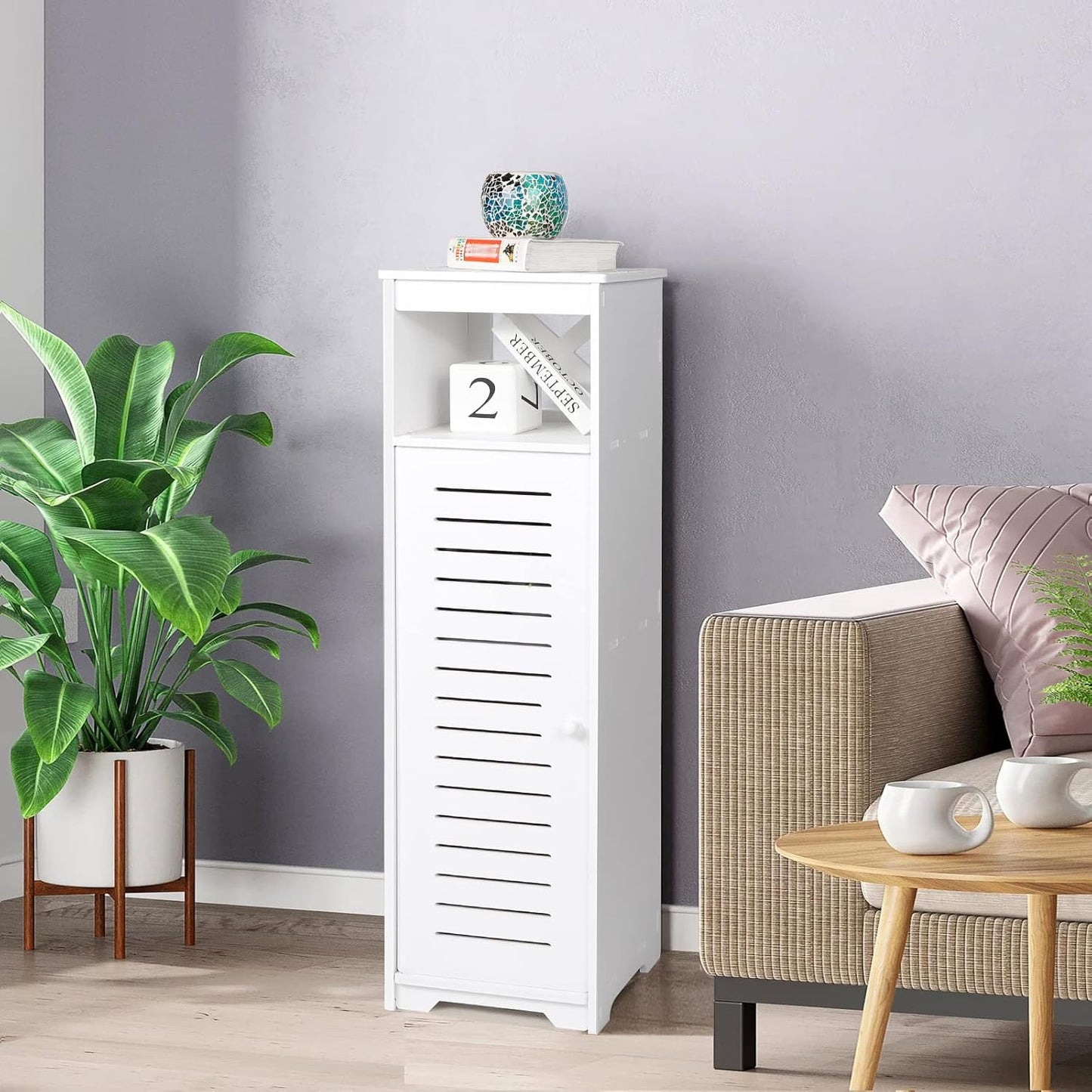 Bathroom Floor Cabinet 1 Tier Single Door Freestanding Storage Organizer Hallway Entrance Cabinet Narrow Bathroom Shelf for Living Room Kitchen White