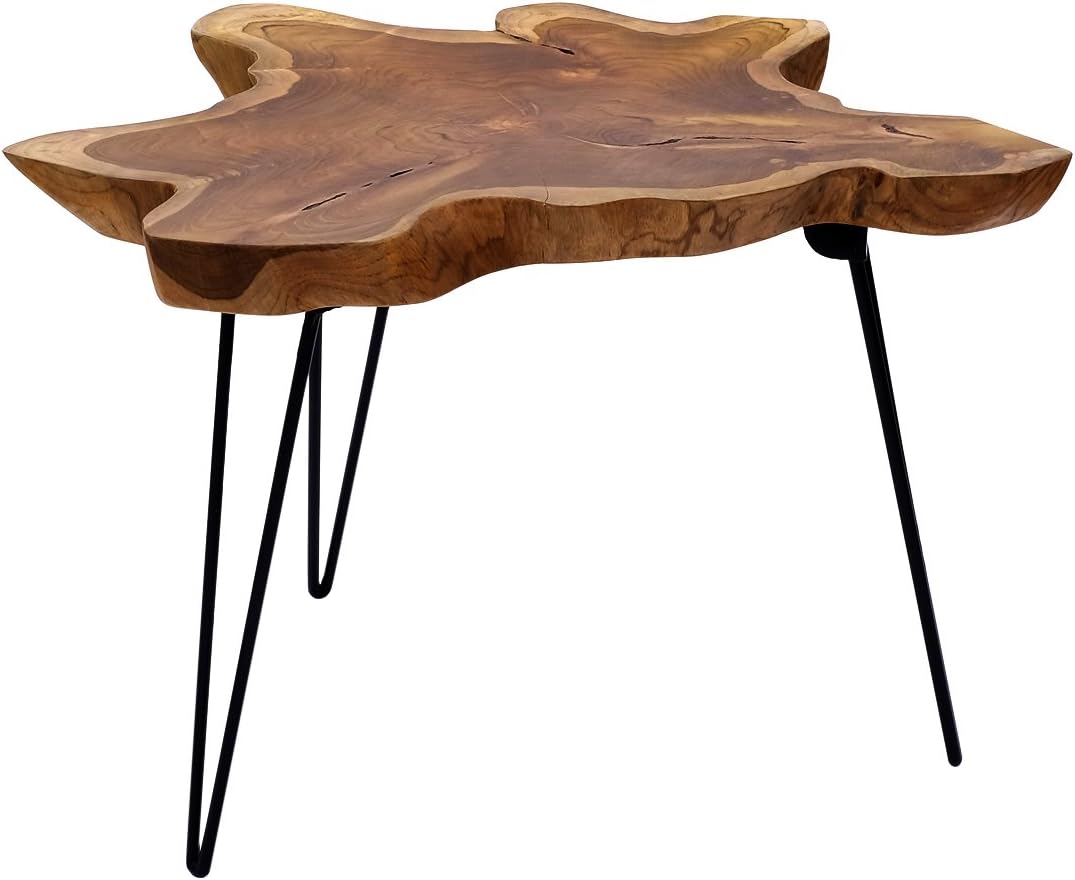 Design Teak Wood Folding Table Living Room Table Wooden Side Table Unique Teak Table Top on Metal Frame Coffee Table Wood Tree Disc Foldable Teak Table 45 cm Height