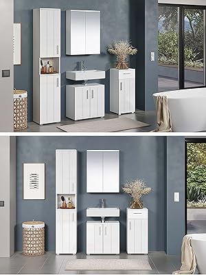 trendteam smart living - Wons - Chest of Drawers - White High Gloss - Timeless Bathroom Cabinet - (W x H x D) 37 x 83 x 31 cm - Bathroom Chest of Drawers with Vertical Milled Door - with