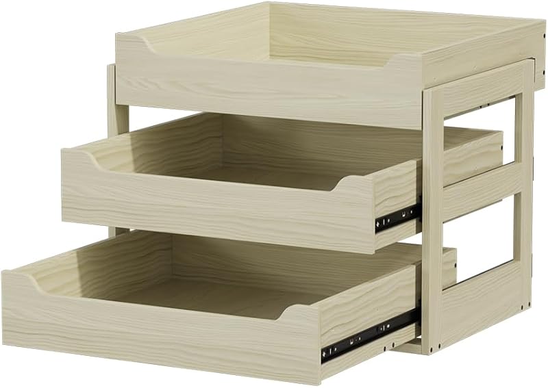 Adjustable Height Wood Pull Out Organizer 7.5” W × 21.5” D Smooth Pull Out Drawers for Cabinets 3 Tier Slide Out Drawers for Kitchen Cabinets Under Sink Wood