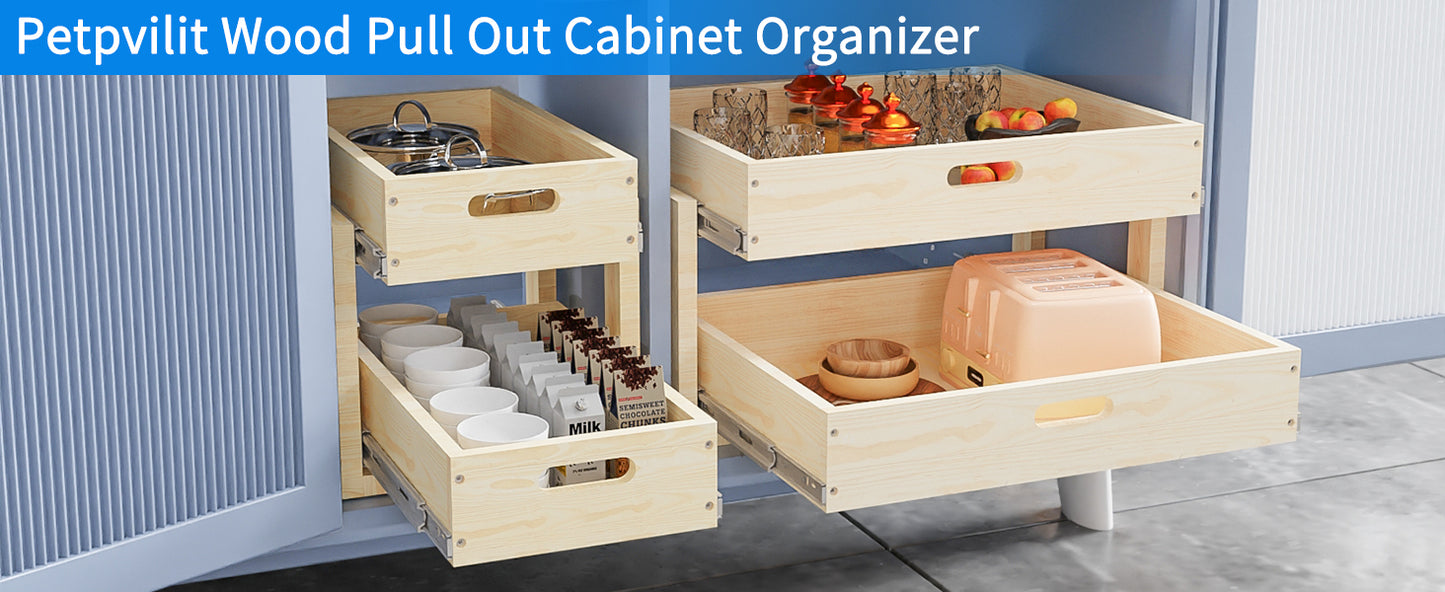 Pull Out Cabinet Organizer, 20''W×21''D×16''H Soft Close Slide Out Wood Drawer Storage Shelves for Kitchen, Base Cabinet Organization for Pantry, 2-Tier, Finished, Heavy-Duty, Bottom Assembly